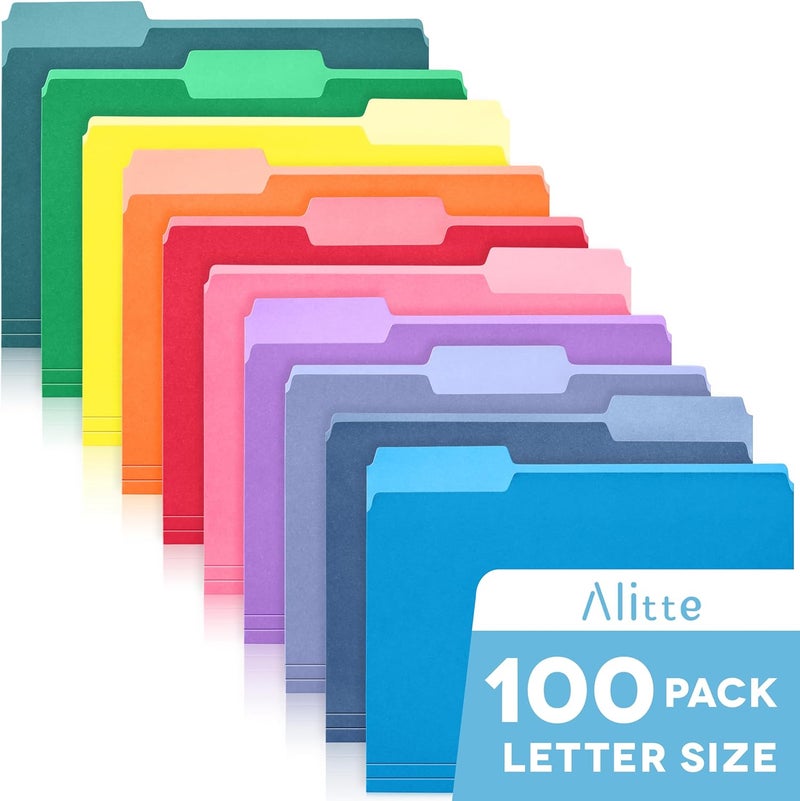 Alitte Colored File Folders Letter Size - 100-Pack Bulk, 10 Assorted Color File Folders for Documents, 1/3 Cut Tab - Office Supplies for Filing Cabinet, Desk, and File Folder Organization - Image 1